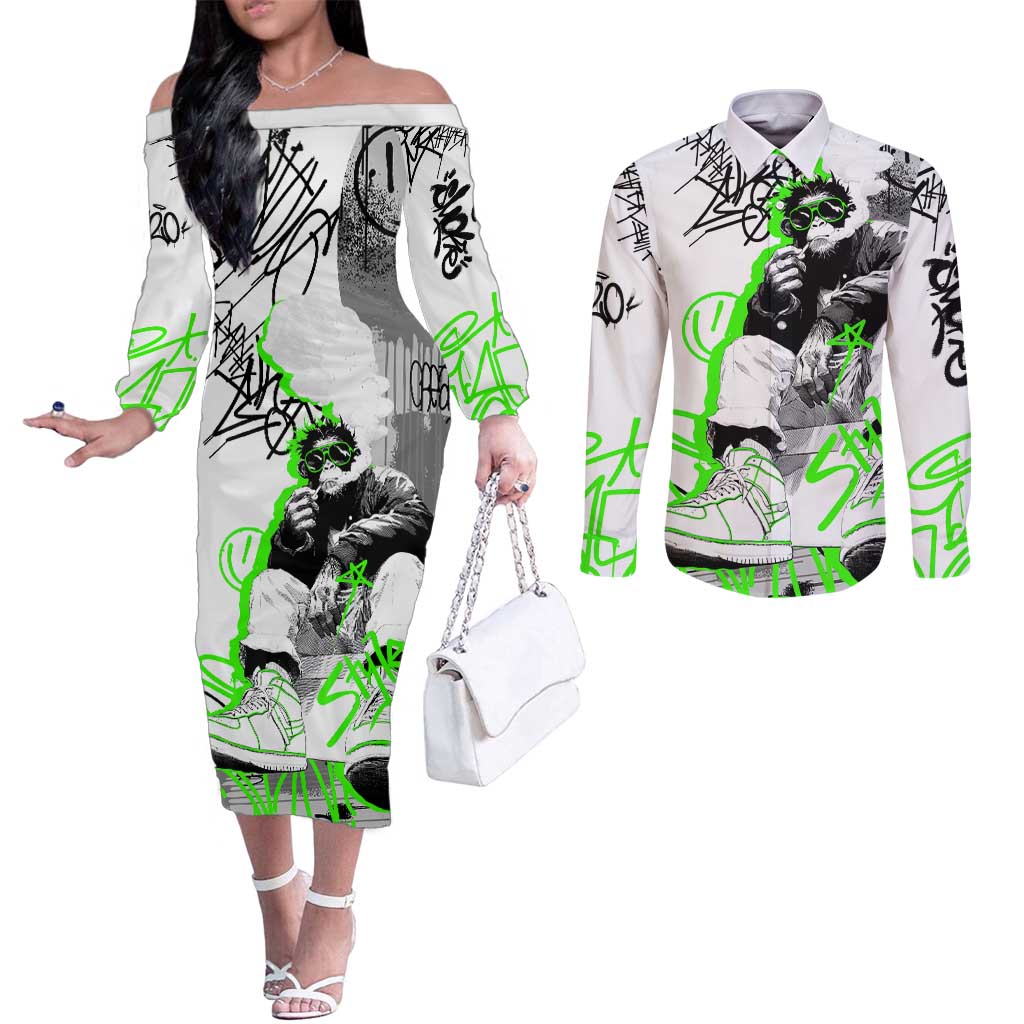 Street Style Graffiti Couples Matching Off The Shoulder Long Sleeve Dress and Long Sleeve Button Shirt with Smoking Monkey and Neon Green - Wonder Print Shop