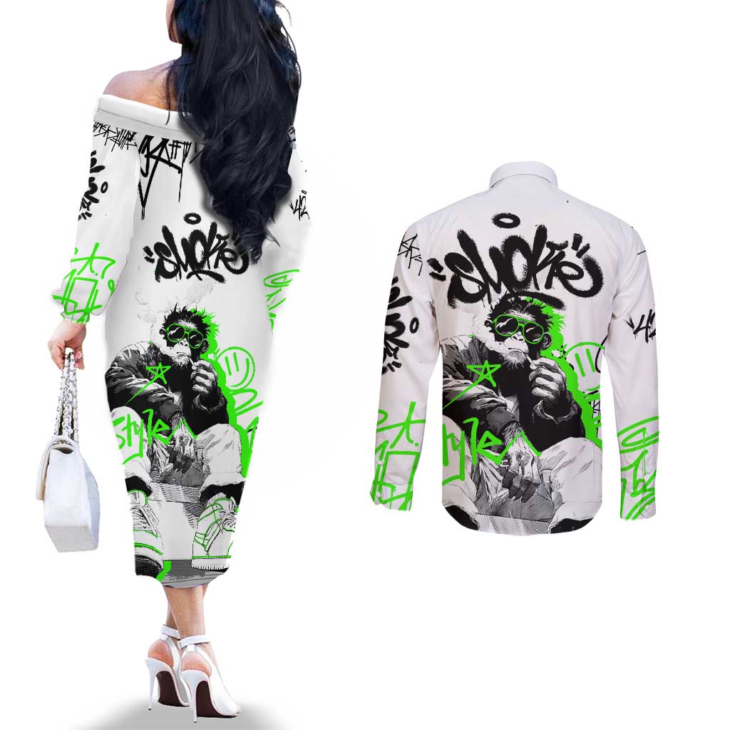Street Style Graffiti Couples Matching Off The Shoulder Long Sleeve Dress and Long Sleeve Button Shirt with Smoking Monkey and Neon Green - Wonder Print Shop