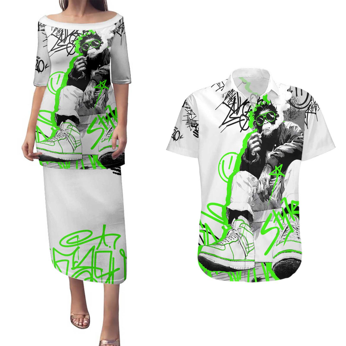 Street Style Graffiti Couples Matching Puletasi and Hawaiian Shirt with Smoking Monkey and Neon Green - Wonder Print Shop