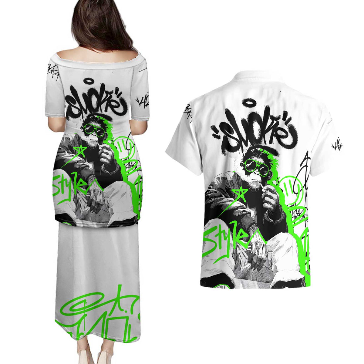 Street Style Graffiti Couples Matching Puletasi and Hawaiian Shirt with Smoking Monkey and Neon Green - Wonder Print Shop