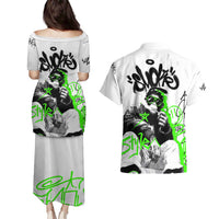 Street Style Graffiti Couples Matching Puletasi and Hawaiian Shirt with Smoking Monkey and Neon Green - Wonder Print Shop