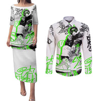 Street Style Graffiti Couples Matching Puletasi and Long Sleeve Button Shirt with Smoking Monkey and Neon Green - Wonder Print Shop