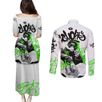 Street Style Graffiti Couples Matching Puletasi and Long Sleeve Button Shirt with Smoking Monkey and Neon Green - Wonder Print Shop