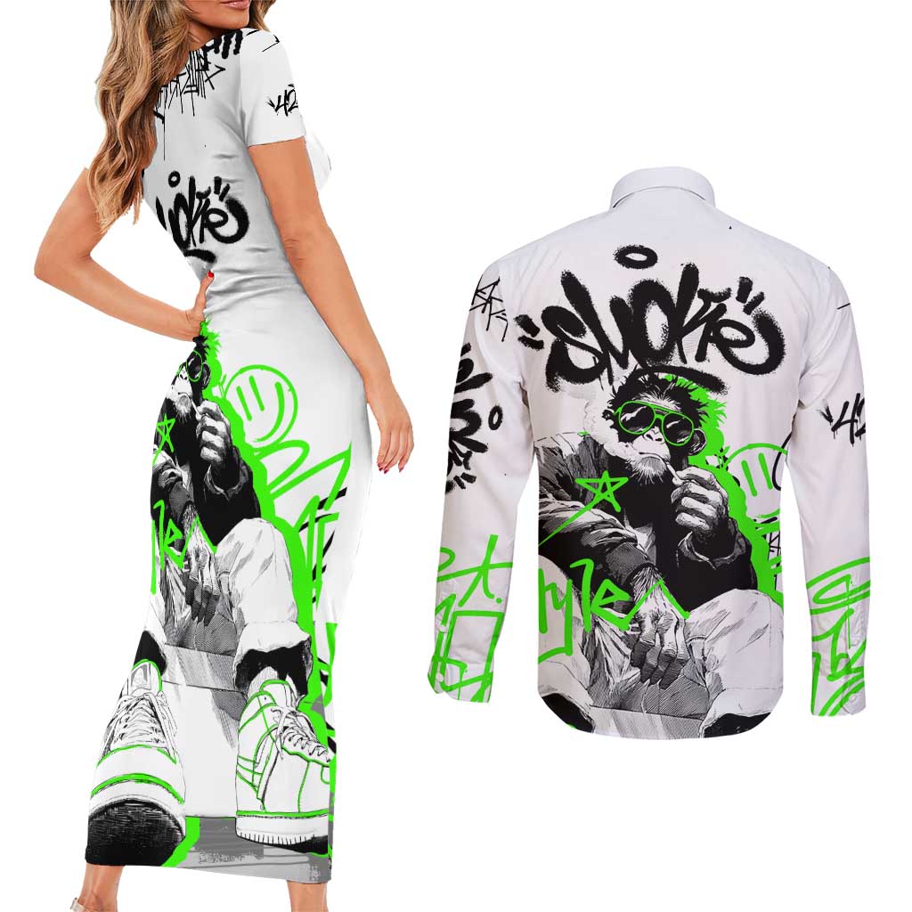 Street Style Graffiti Couples Matching Short Sleeve Bodycon Dress and Long Sleeve Button Shirt with Smoking Monkey and Neon Green - Wonder Print Shop
