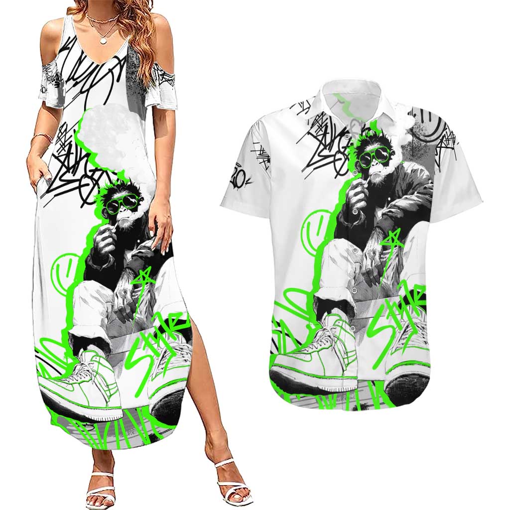 Street Style Graffiti Couples Matching Summer Maxi Dress and Hawaiian Shirt with Smoking Monkey and Neon Green - Wonder Print Shop