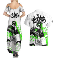 Street Style Graffiti Couples Matching Summer Maxi Dress and Hawaiian Shirt with Smoking Monkey and Neon Green - Wonder Print Shop
