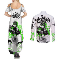 Street Style Graffiti Couples Matching Summer Maxi Dress and Long Sleeve Button Shirt with Smoking Monkey and Neon Green - Wonder Print Shop
