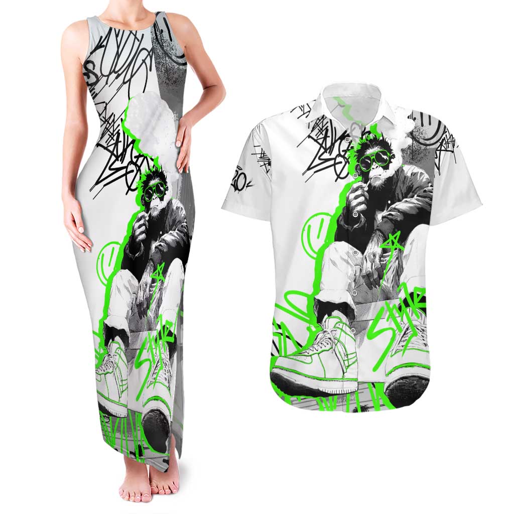 Street Style Graffiti Couples Matching Tank Maxi Dress and Hawaiian Shirt with Smoking Monkey and Neon Green - Wonder Print Shop