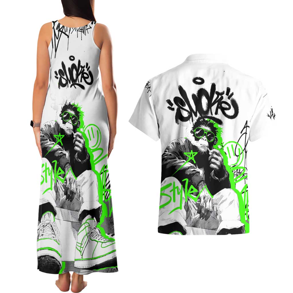 Street Style Graffiti Couples Matching Tank Maxi Dress and Hawaiian Shirt with Smoking Monkey and Neon Green - Wonder Print Shop
