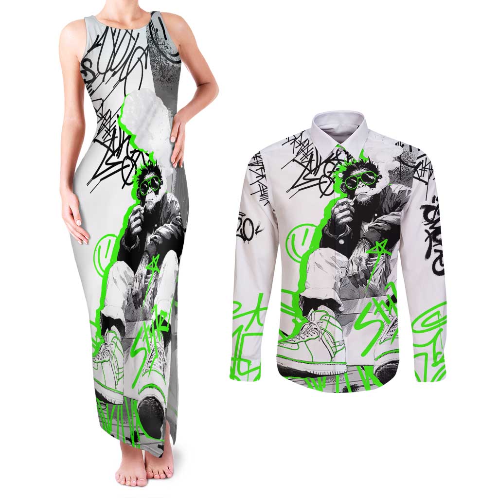 Street Style Graffiti Couples Matching Tank Maxi Dress and Long Sleeve Button Shirt with Smoking Monkey and Neon Green - Wonder Print Shop