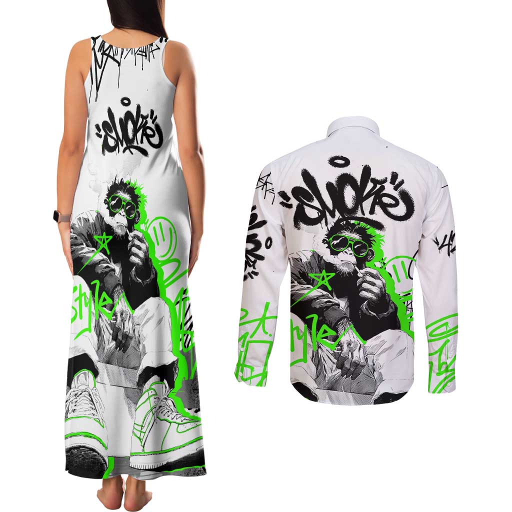 Street Style Graffiti Couples Matching Tank Maxi Dress and Long Sleeve Button Shirt with Smoking Monkey and Neon Green - Wonder Print Shop