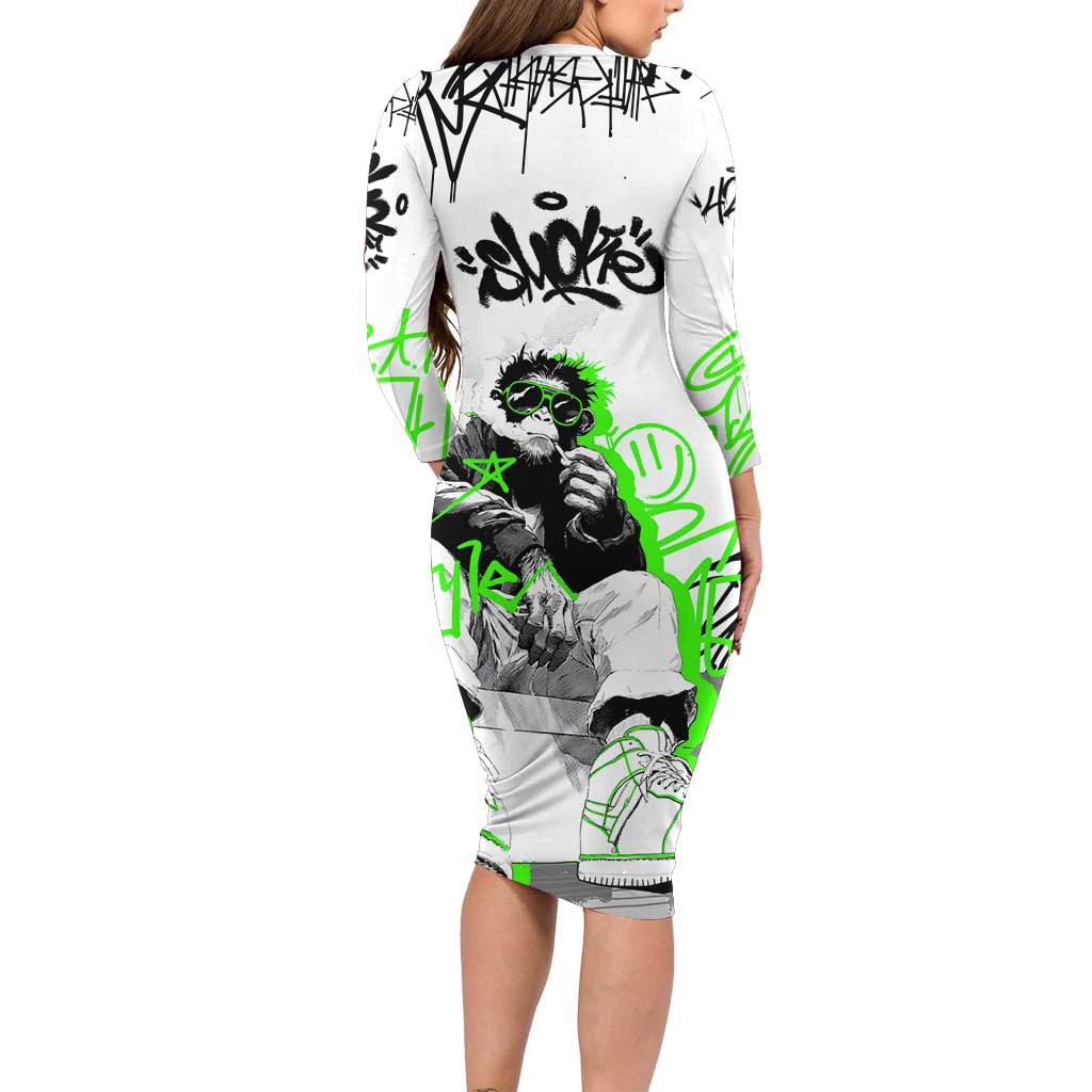 Street Style Graffiti Family Matching Long Sleeve Bodycon Dress and Hawaiian Shirt with Smoking Monkey and Neon Green - Wonder Print Shop