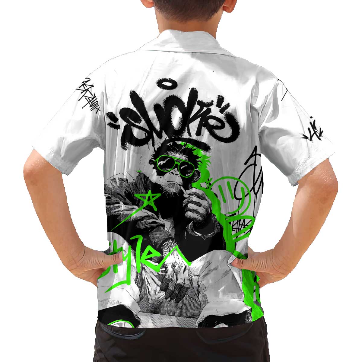 Street Style Graffiti Family Matching Off The Shoulder Long Sleeve Dress and Hawaiian Shirt with Smoking Monkey and Neon Green - Wonder Print Shop