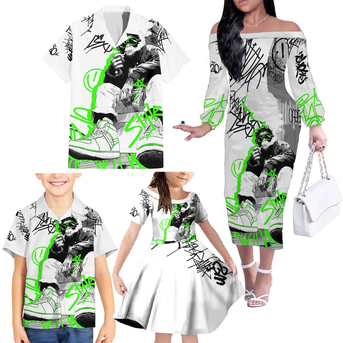 Street Style Graffiti Family Matching Off The Shoulder Long Sleeve Dress and Hawaiian Shirt with Smoking Monkey and Neon Green - Wonder Print Shop