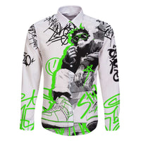 Street Style Graffiti Family Matching Off The Shoulder Long Sleeve Dress and Hawaiian Shirt with Smoking Monkey and Neon Green - Wonder Print Shop