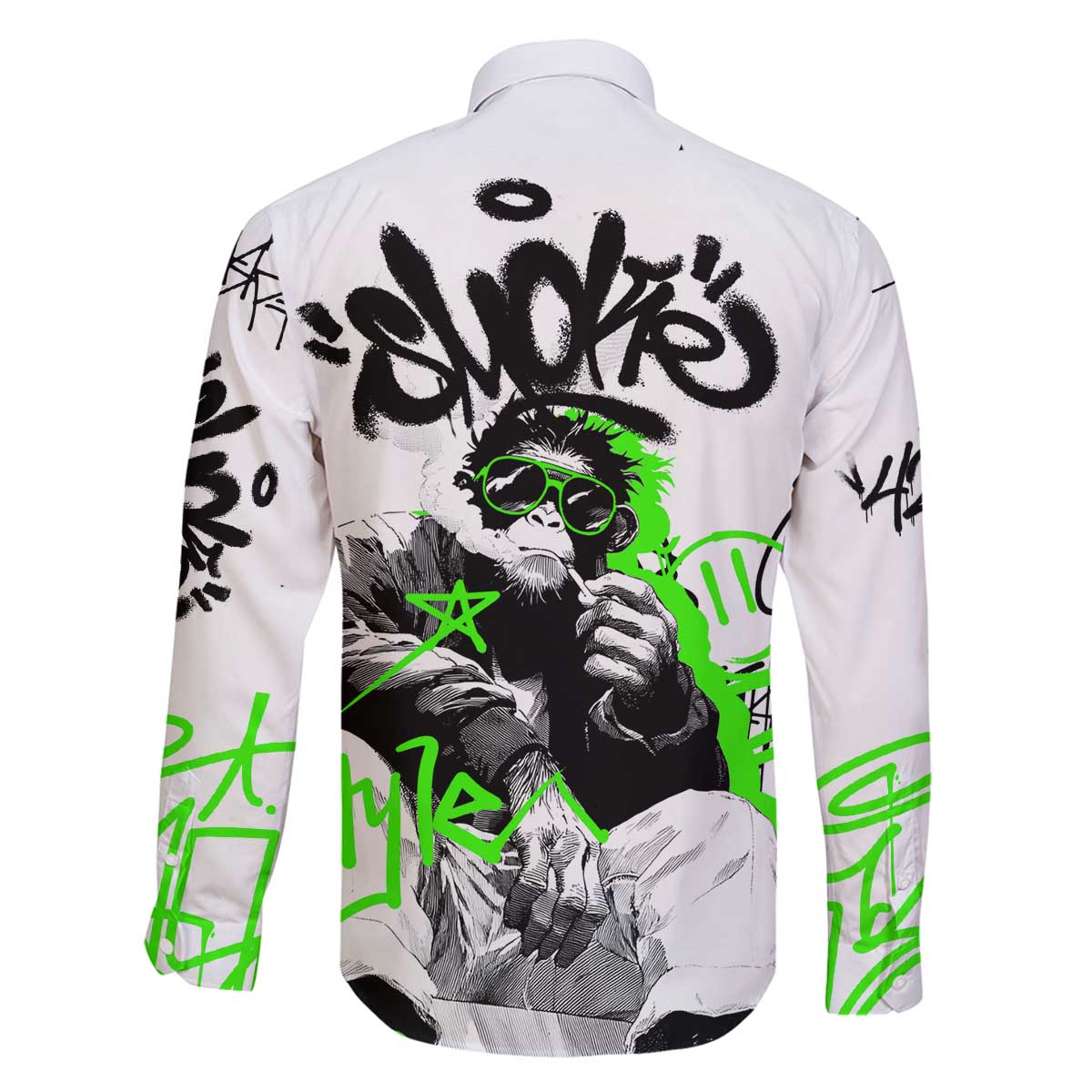 Street Style Graffiti Family Matching Off The Shoulder Long Sleeve Dress and Hawaiian Shirt with Smoking Monkey and Neon Green - Wonder Print Shop