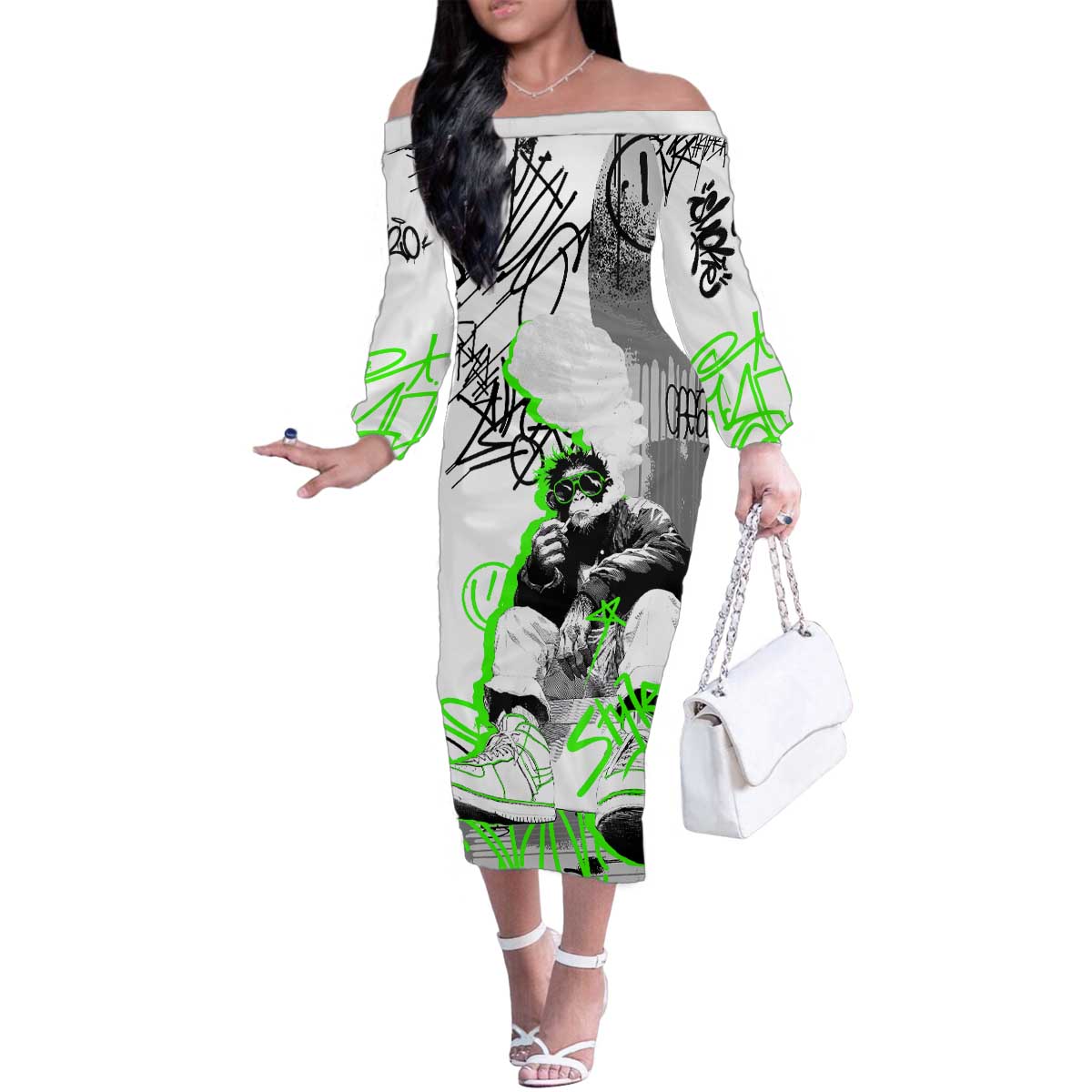 Street Style Graffiti Family Matching Off The Shoulder Long Sleeve Dress and Hawaiian Shirt with Smoking Monkey and Neon Green - Wonder Print Shop