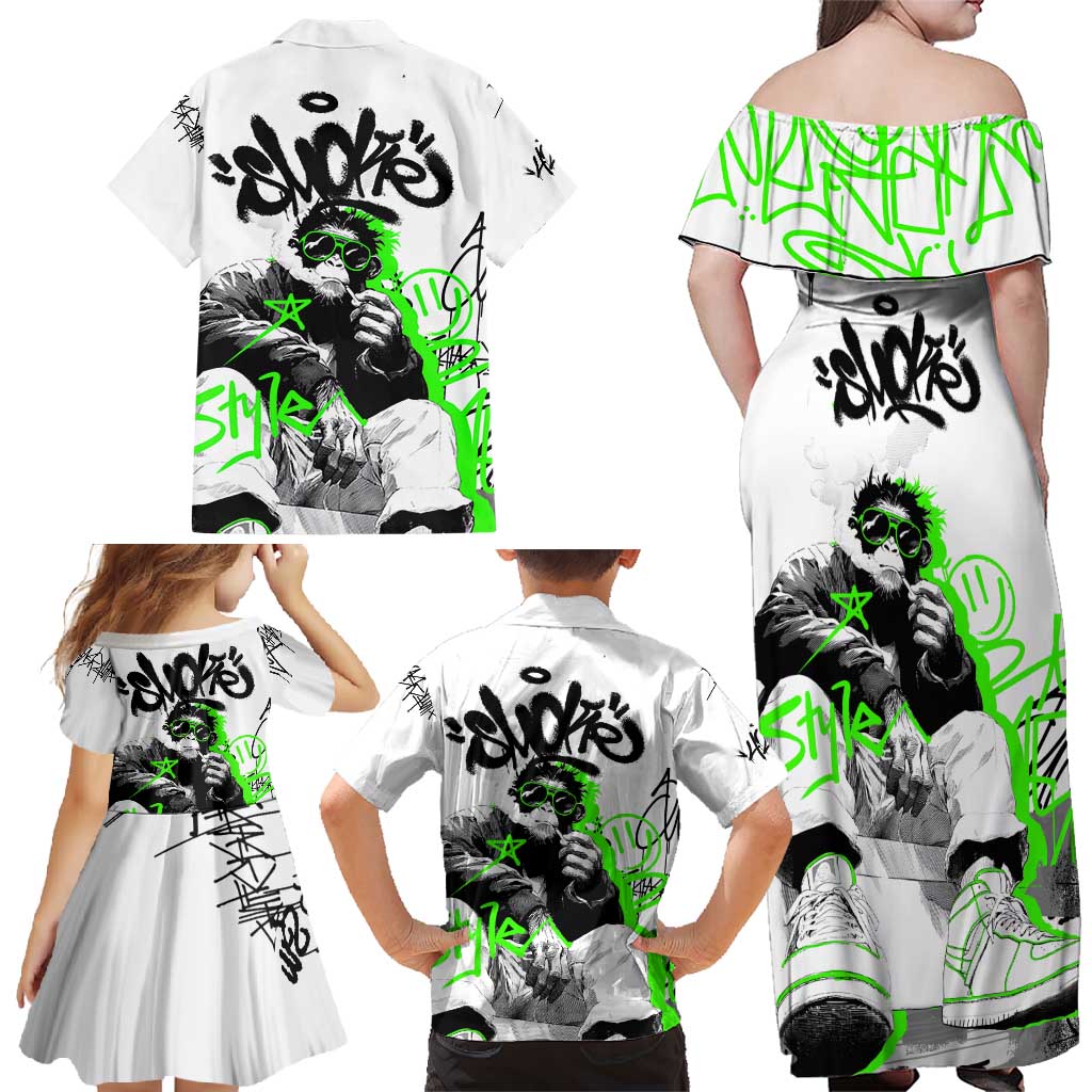 Street Style Graffiti Family Matching Off Shoulder Maxi Dress and Hawaiian Shirt with Smoking Monkey and Neon Green - Wonder Print Shop