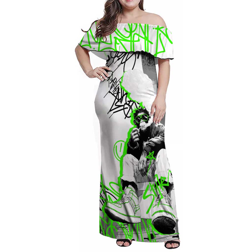 Street Style Graffiti Family Matching Off Shoulder Maxi Dress and Hawaiian Shirt with Smoking Monkey and Neon Green - Wonder Print Shop
