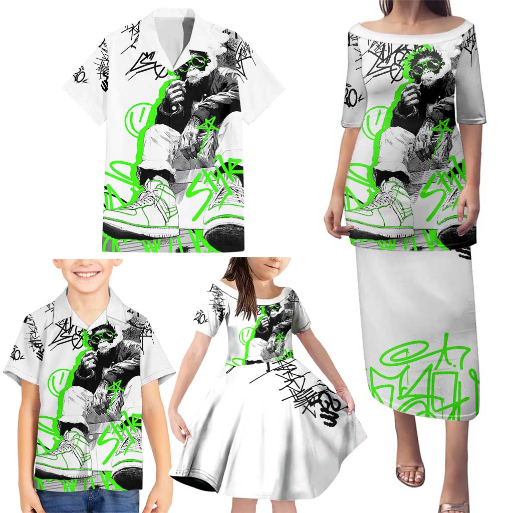 Street Style Graffiti Family Matching Puletasi and Hawaiian Shirt with Smoking Monkey and Neon Green - Wonder Print Shop