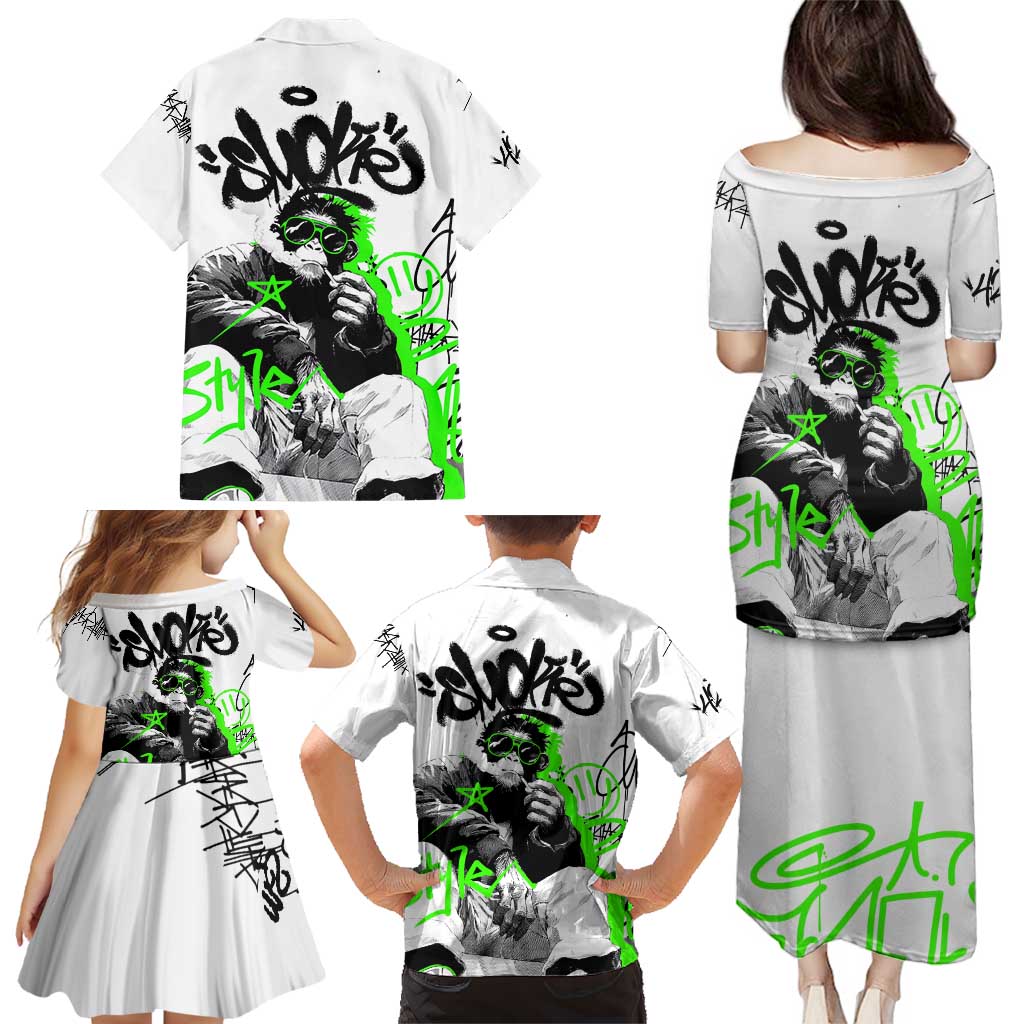 Street Style Graffiti Family Matching Puletasi and Hawaiian Shirt with Smoking Monkey and Neon Green - Wonder Print Shop