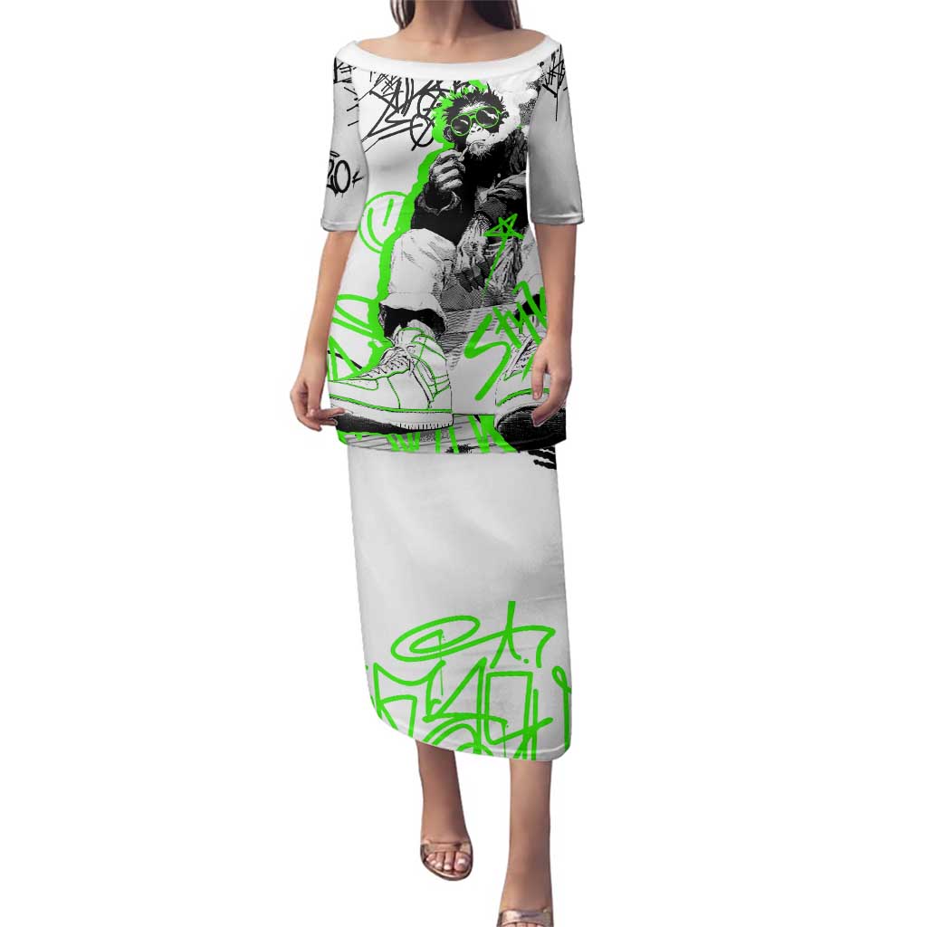 Street Style Graffiti Family Matching Puletasi and Hawaiian Shirt with Smoking Monkey and Neon Green - Wonder Print Shop