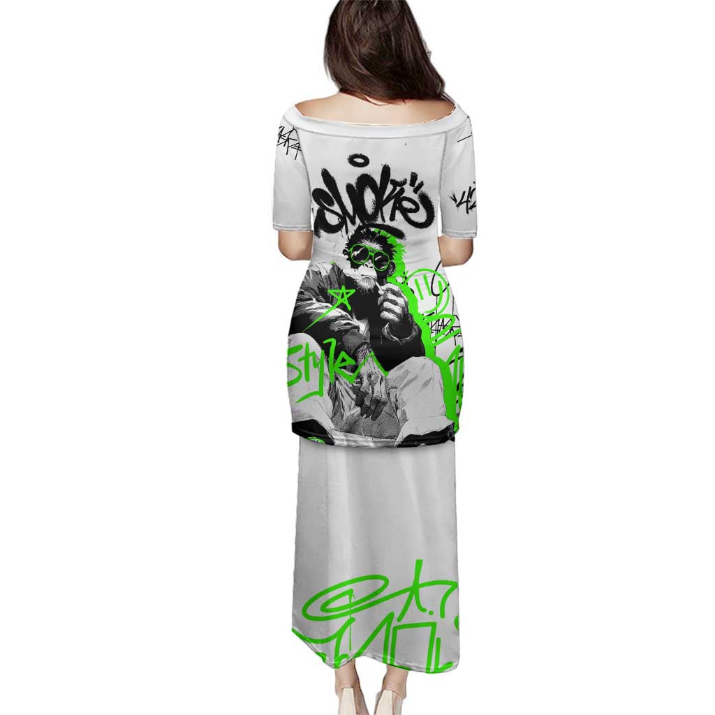Street Style Graffiti Family Matching Puletasi and Hawaiian Shirt with Smoking Monkey and Neon Green - Wonder Print Shop