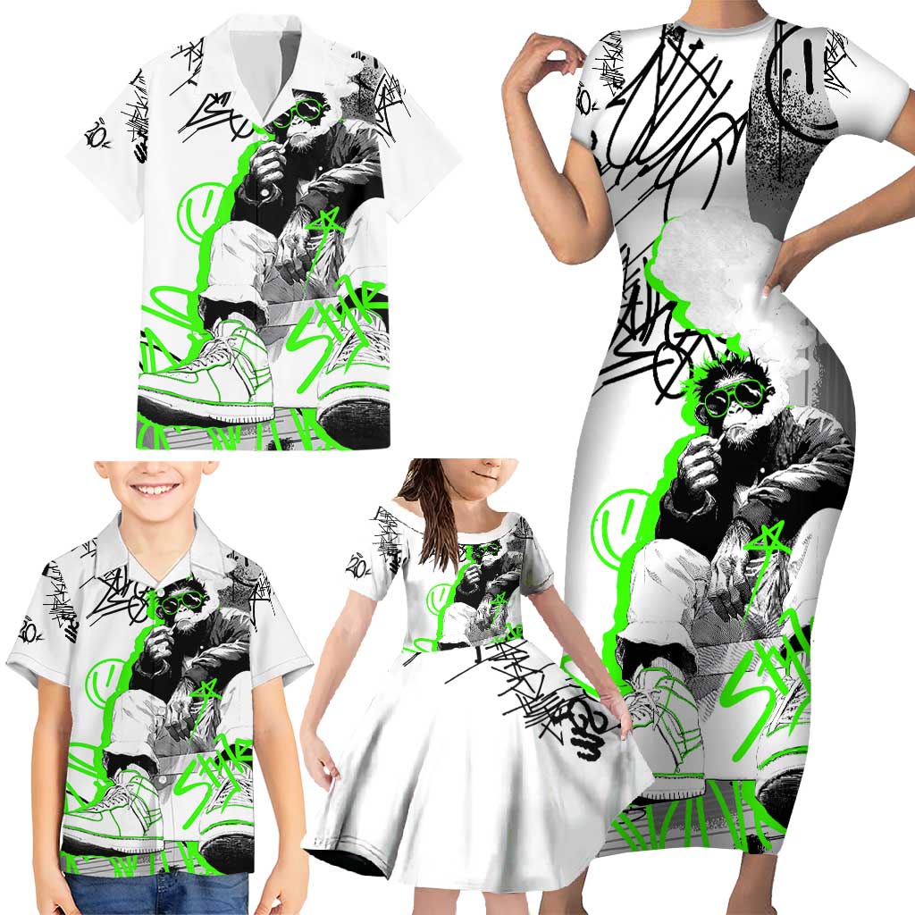 Street Style Graffiti Family Matching Short Sleeve Bodycon Dress and Hawaiian Shirt with Smoking Monkey and Neon Green - Wonder Print Shop