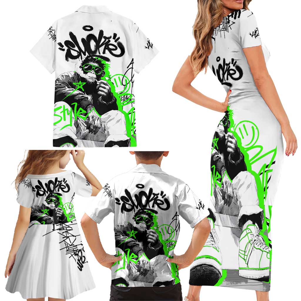 Street Style Graffiti Family Matching Short Sleeve Bodycon Dress and Hawaiian Shirt with Smoking Monkey and Neon Green - Wonder Print Shop