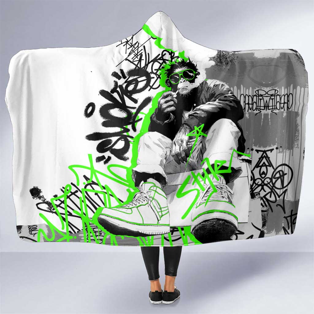 Street Style Graffiti Hooded Blanket with Smoking Monkey and Neon Green - Wonder Print Shop