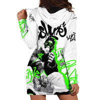Street Style Graffiti Hoodie Dress with Smoking Monkey and Neon Green - Wonder Print Shop