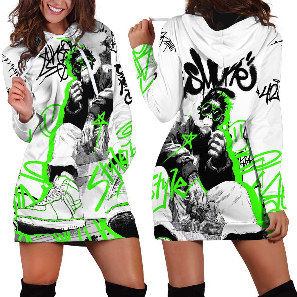 Street Style Graffiti Hoodie Dress with Smoking Monkey and Neon Green - Wonder Print Shop