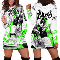 Street Style Graffiti Hoodie Dress with Smoking Monkey and Neon Green - Wonder Print Shop