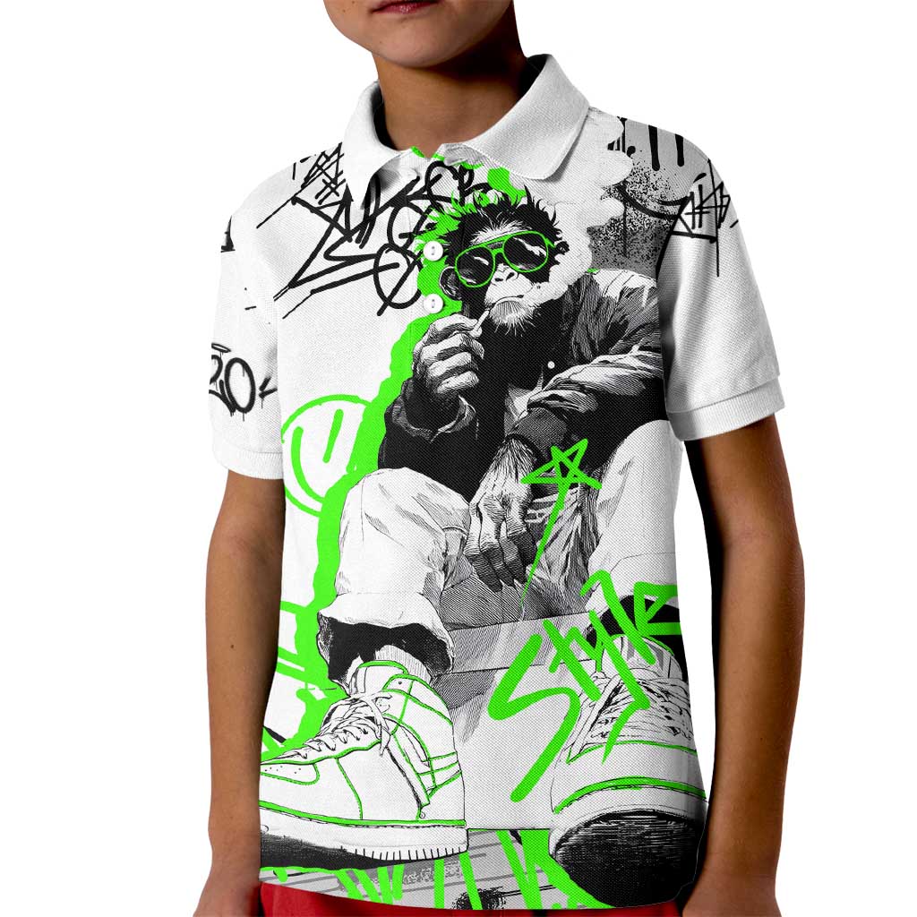 Street Style Graffiti Kid Polo Shirt with Smoking Monkey and Neon Green - Wonder Print Shop