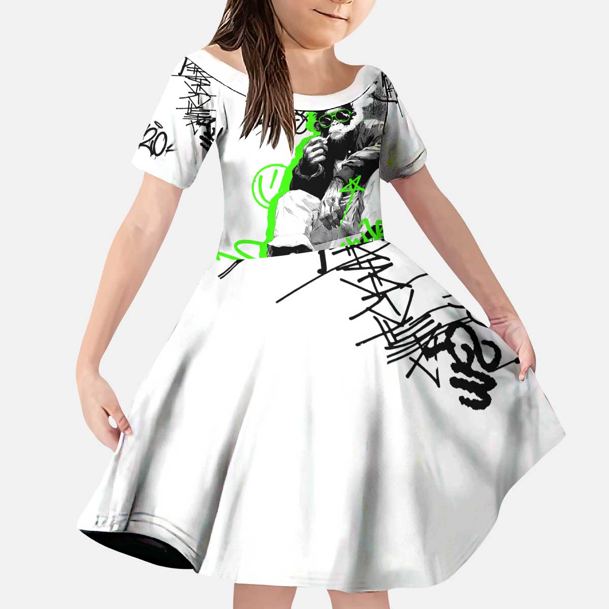 Street Style Graffiti Kid Short Sleeve Dress with Smoking Monkey and Neon Green - Wonder Print Shop