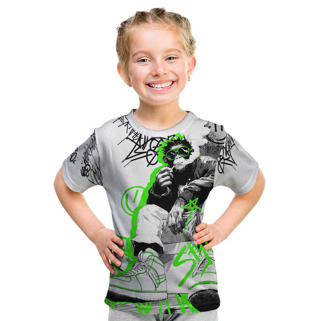 Street Style Graffiti Kid T Shirt with Smoking Monkey and Neon Green - Wonder Print Shop