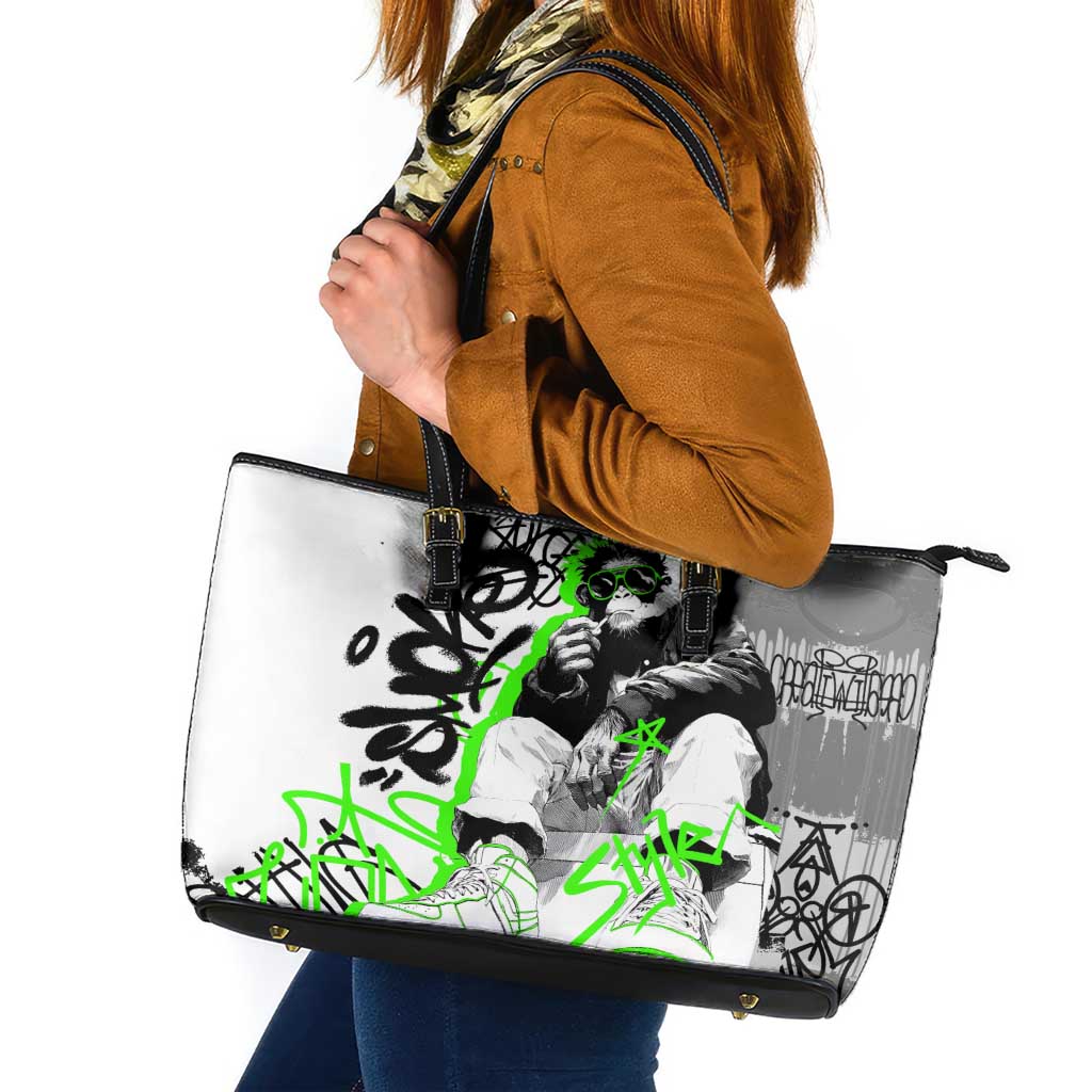Street Style Graffiti Leather Tote Bag with Smoking Monkey and Neon Green - Wonder Print Shop