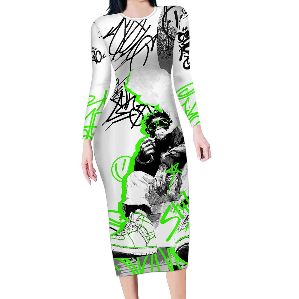 Street Style Graffiti Long Sleeve Bodycon Dress with Smoking Monkey and Neon Green - Wonder Print Shop