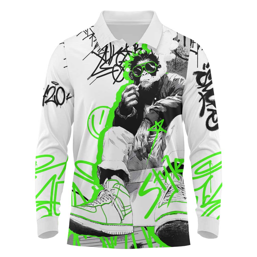 Street Style Graffiti Long Sleeve Polo Shirt with Smoking Monkey and Neon Green - Wonder Print Shop