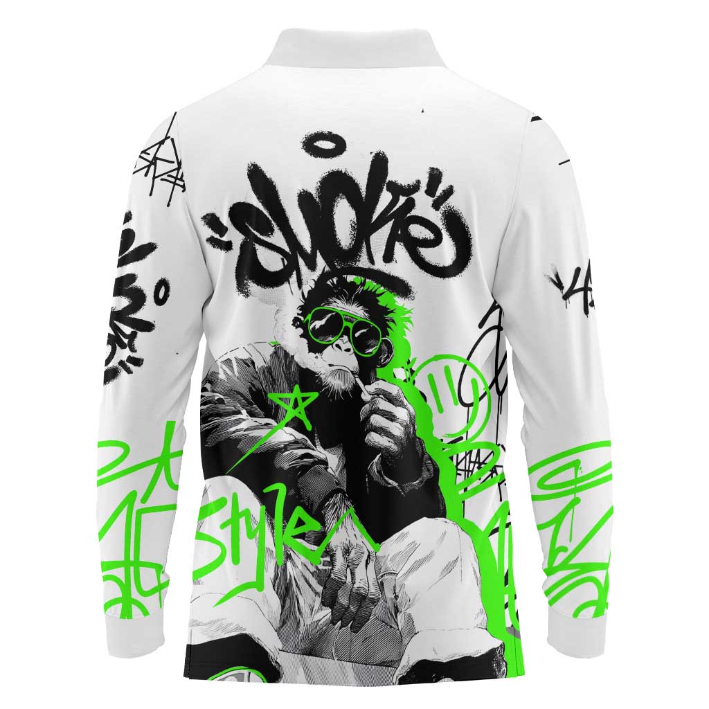Street Style Graffiti Long Sleeve Polo Shirt with Smoking Monkey and Neon Green - Wonder Print Shop