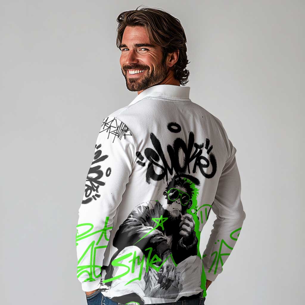 Street Style Graffiti Long Sleeve Polo Shirt with Smoking Monkey and Neon Green - Wonder Print Shop