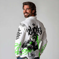 Street Style Graffiti Long Sleeve Polo Shirt with Smoking Monkey and Neon Green - Wonder Print Shop