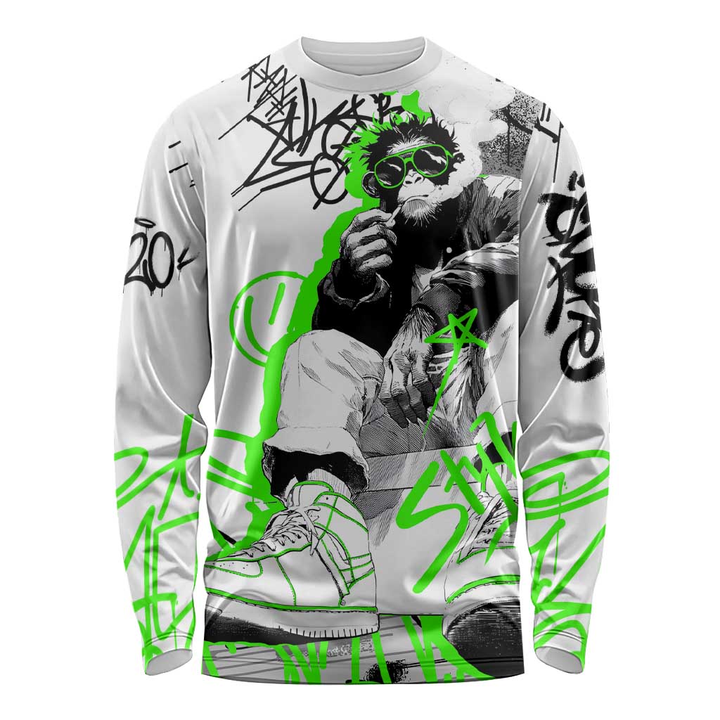 Street Style Graffiti Long Sleeve Shirt with Smoking Monkey and Neon Green - Wonder Print Shop