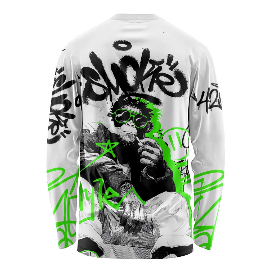 Street Style Graffiti Long Sleeve Shirt with Smoking Monkey and Neon Green - Wonder Print Shop