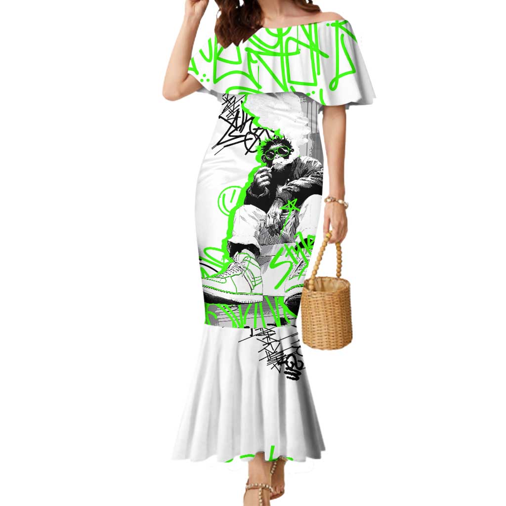 Street Style Graffiti Mermaid Dress with Smoking Monkey and Neon Green - Wonder Print Shop