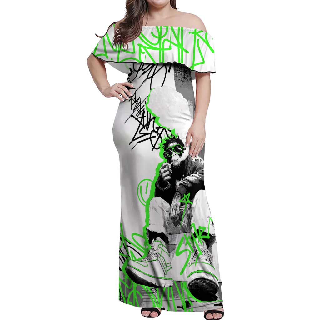 Street Style Graffiti Off Shoulder Maxi Dress with Smoking Monkey and Neon Green - Wonder Print Shop