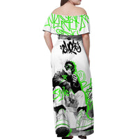 Street Style Graffiti Off Shoulder Maxi Dress with Smoking Monkey and Neon Green - Wonder Print Shop
