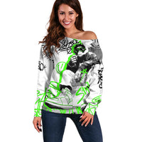 Street Style Graffiti Off Shoulder Sweater with Smoking Monkey and Neon Green - Wonder Print Shop