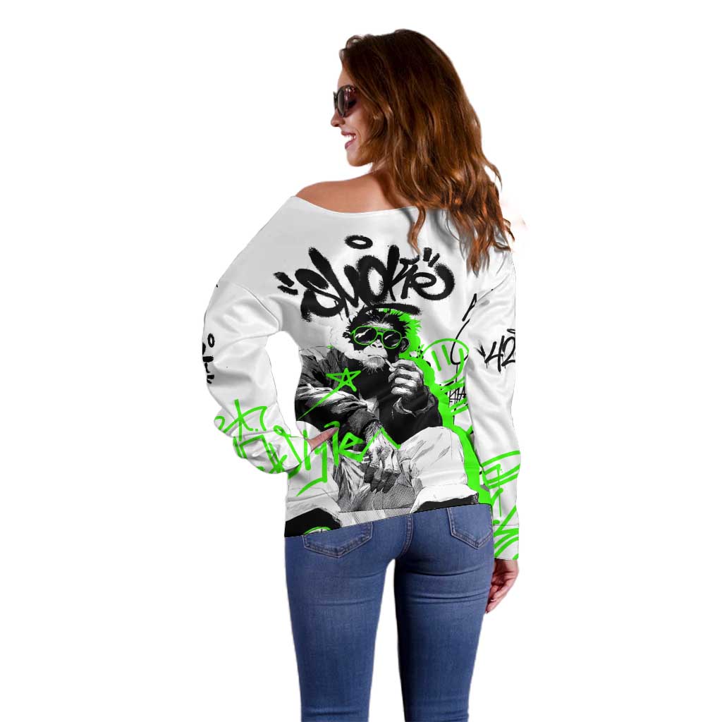 Street Style Graffiti Off Shoulder Sweater with Smoking Monkey and Neon Green - Wonder Print Shop