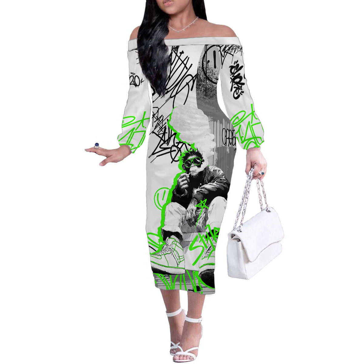 Street Style Graffiti Off The Shoulder Long Sleeve Dress with Smoking Monkey and Neon Green - Wonder Print Shop